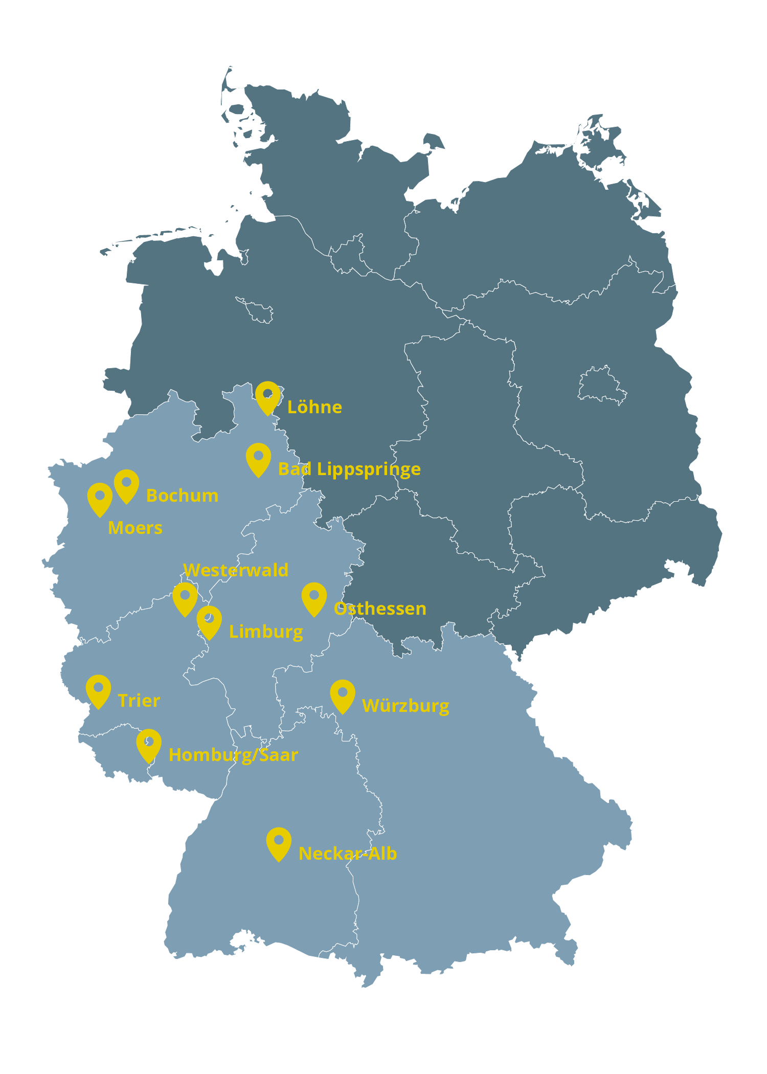 Deutschlandkarte mit Markierungen zur Ansicht der aktuellen Standorte der APT Prothesen Niederlassungen